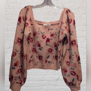 Willow & Wind Rose Pink Floral Knit Square Neck Sweater Sz L Taylor Swift 70s EC